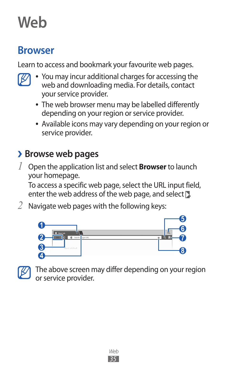 Browser, Browse web pages | Samsung GT-P7300 User Manual | Page 35 / 133
