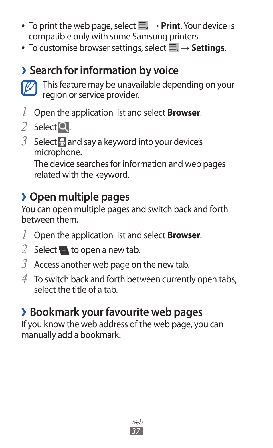 Search for information by voice, Open multiple pages, Bookmark your favourite web pages | Samsung GT-P7300 User Manual | Page 37 / 133