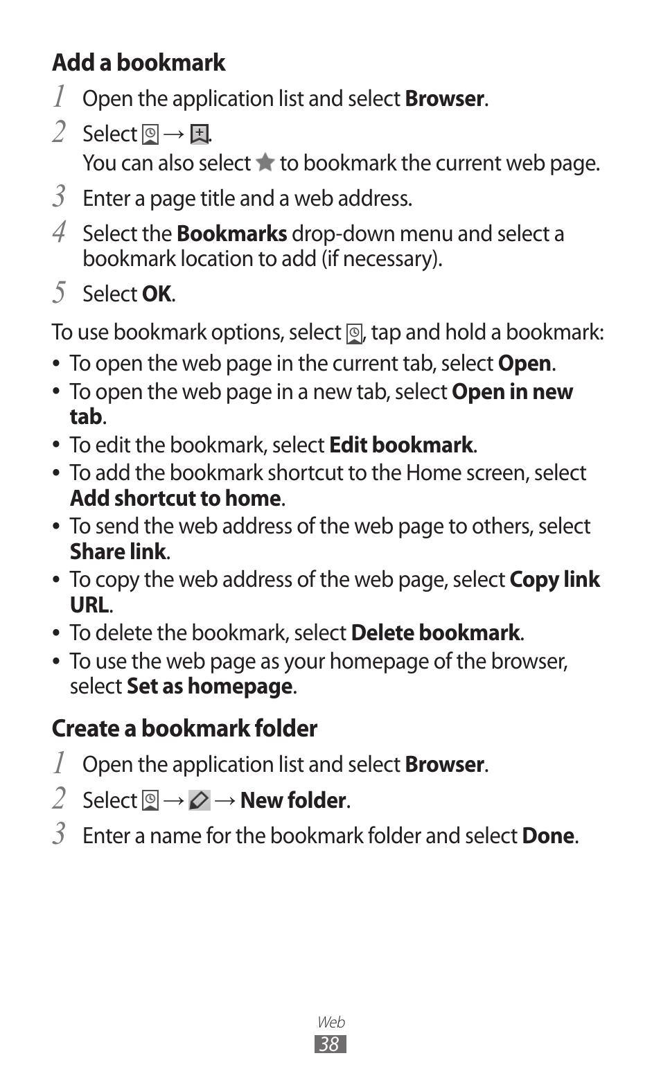 Add a bookmark, Create a bookmark folder | Samsung GT-P7300 User Manual | Page 38 / 133