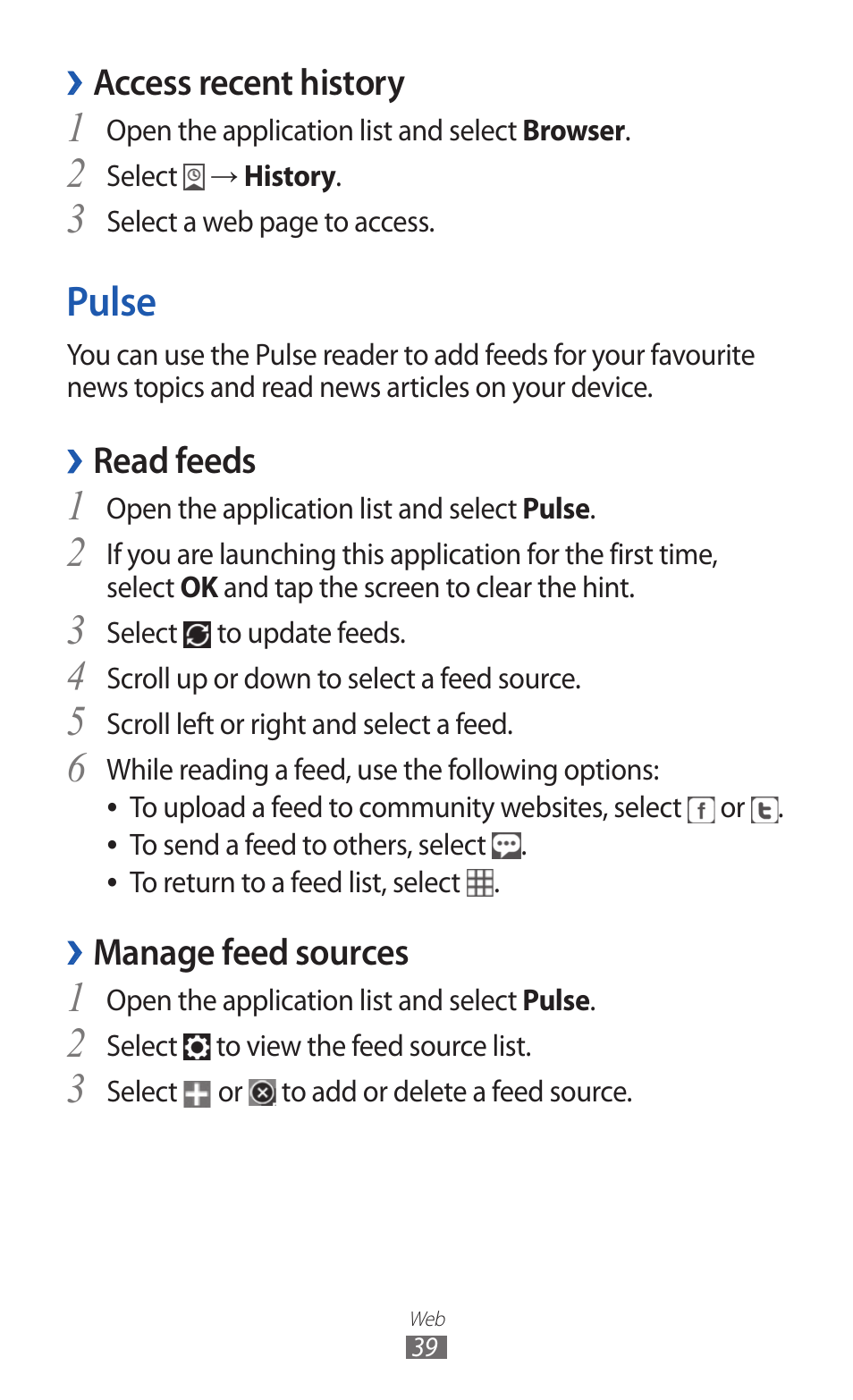 Pulse, 3pulse, Access recent history | Read feeds, Manage feed sources | Samsung GT-P7300 User Manual | Page 39 / 133