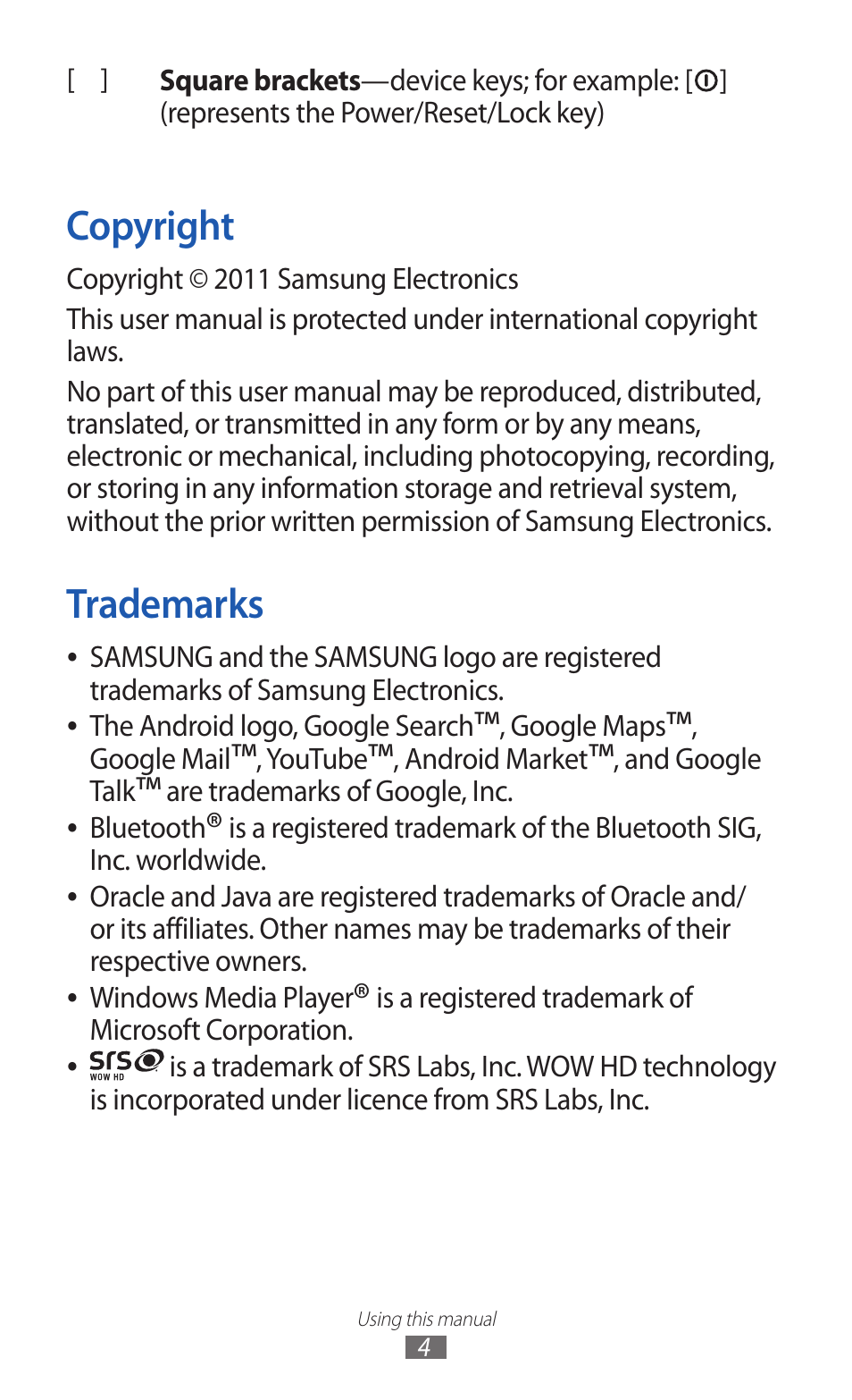 Copyright, Trademarks | Samsung GT-P7300 User Manual | Page 4 / 133