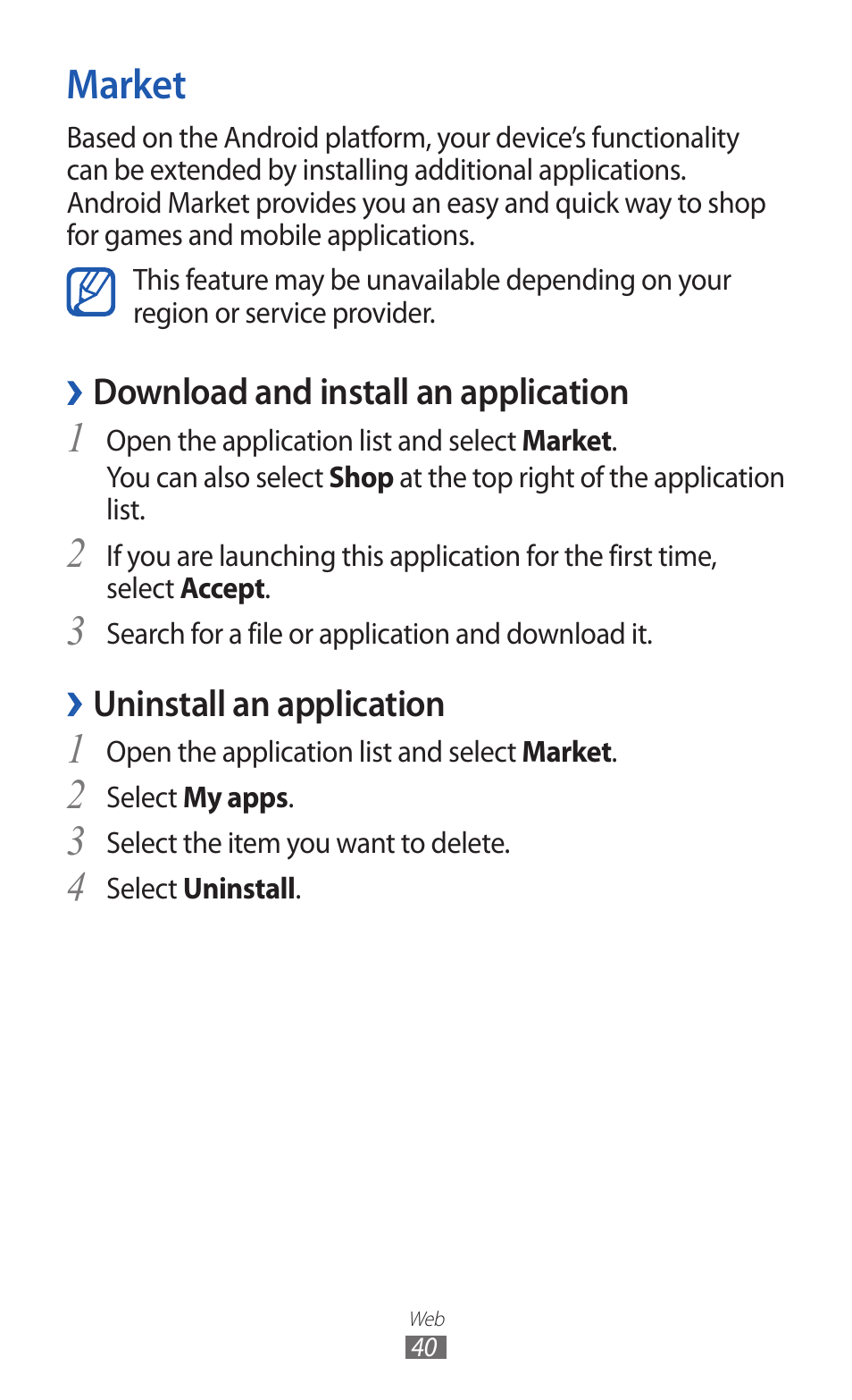 Market | Samsung GT-P7300 User Manual | Page 40 / 133