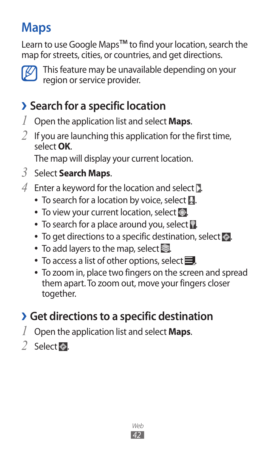 Maps, Search for a specific location, Get directions to a specific destination | Samsung GT-P7300 User Manual | Page 42 / 133