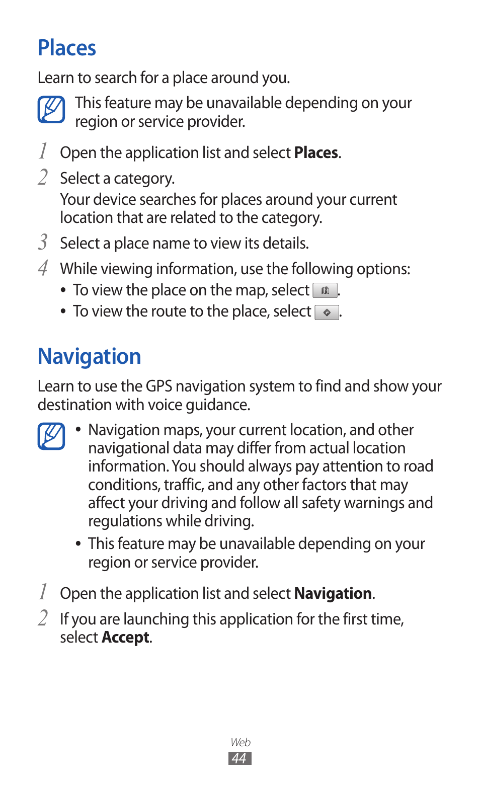 Places, Navigation, Places navigation | Samsung GT-P7300 User Manual | Page 44 / 133