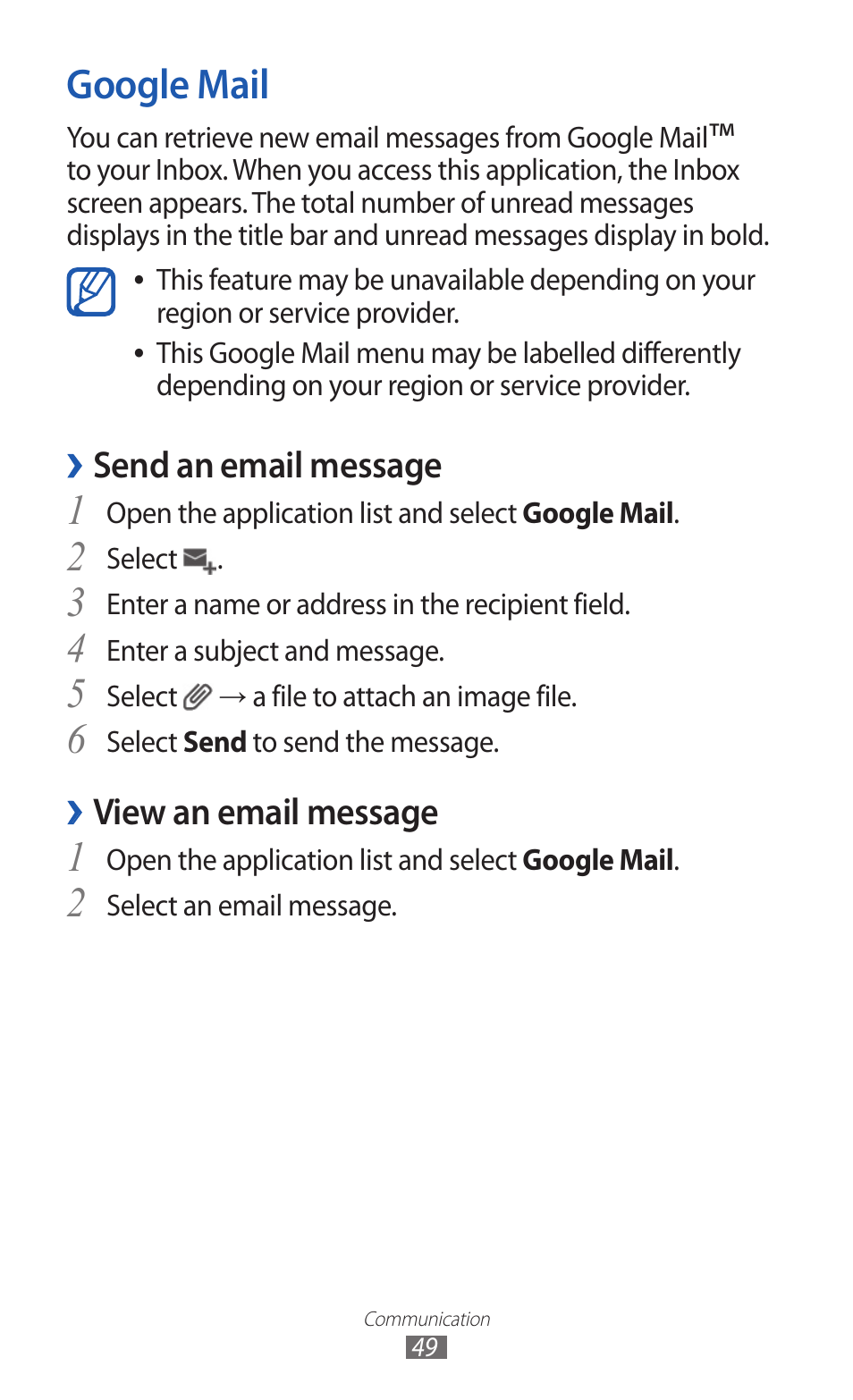 Google mail, Send an email message, View an email message | Samsung GT-P7300 User Manual | Page 49 / 133