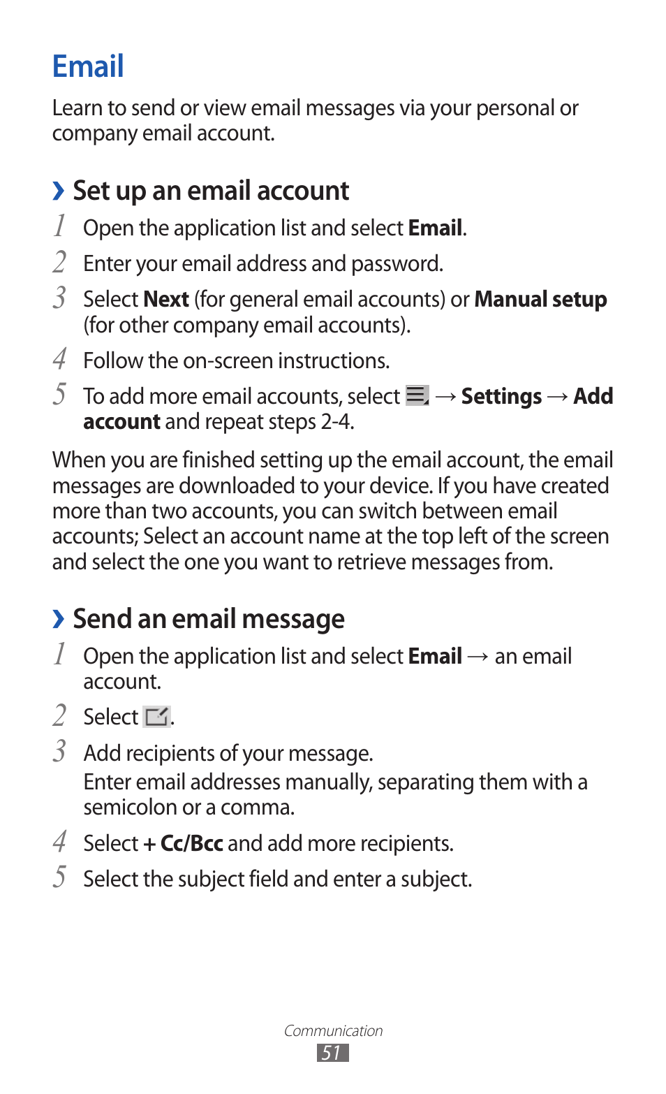 Email, Set up an email account, Send an email message | Samsung GT-P7300 User Manual | Page 51 / 133