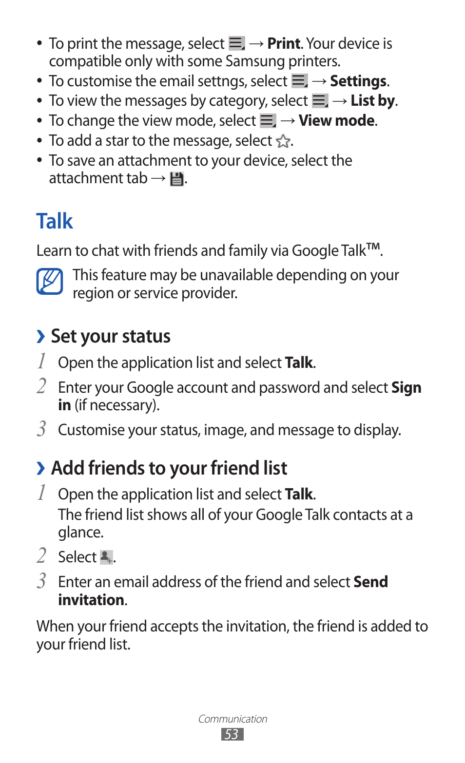 Talk, Set your status, Add friends to your friend list | Samsung GT-P7300 User Manual | Page 53 / 133