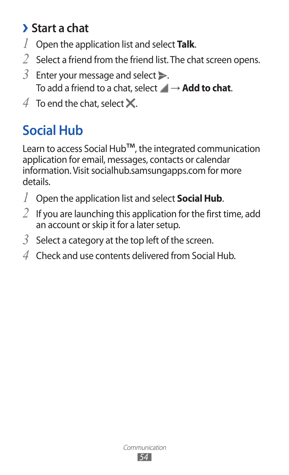 Social hub, Start a chat | Samsung GT-P7300 User Manual | Page 54 / 133