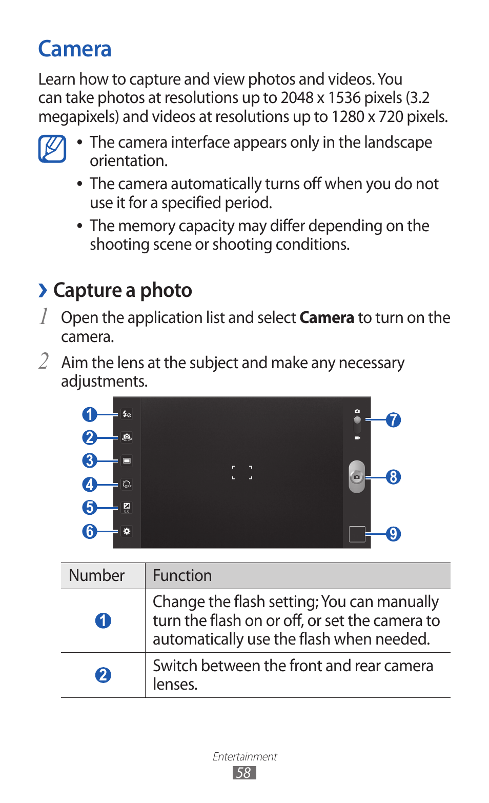 Camera, Capture a photo | Samsung GT-P7300 User Manual | Page 58 / 133