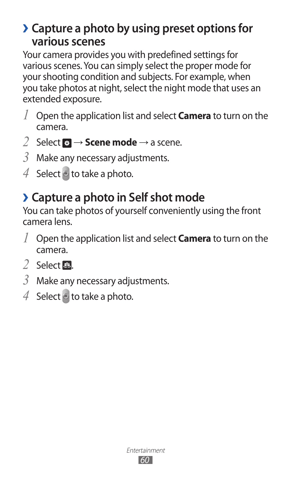 Capture a photo by using preset options for, Various scenes, Capture a photo in self shot mode | Samsung GT-P7300 User Manual | Page 60 / 133