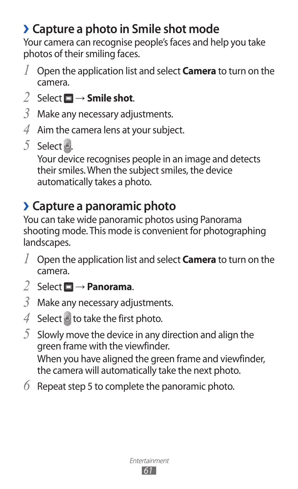 Capture a photo in smile shot mode, Capture a panoramic photo | Samsung GT-P7300 User Manual | Page 61 / 133