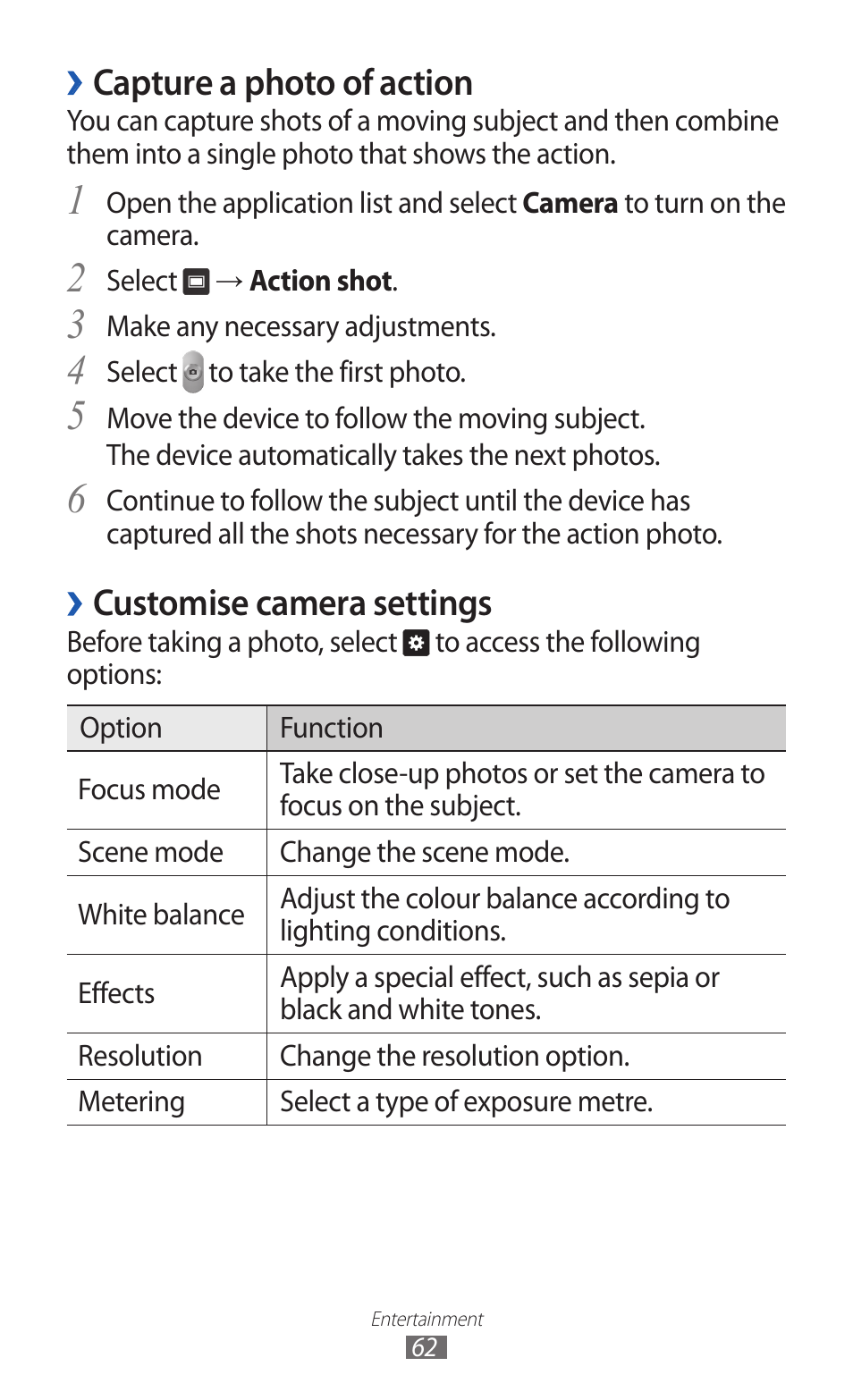 Capture a photo of action, Customise camera settings | Samsung GT-P7300 User Manual | Page 62 / 133