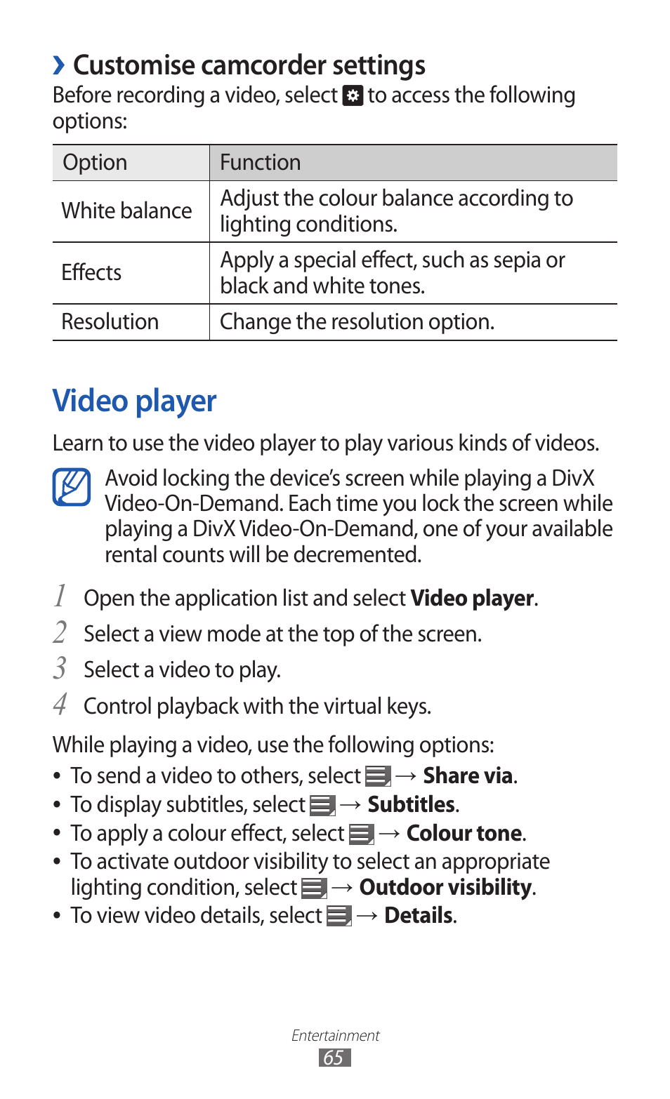 Video player, Customise camcorder settings | Samsung GT-P7300 User Manual | Page 65 / 133