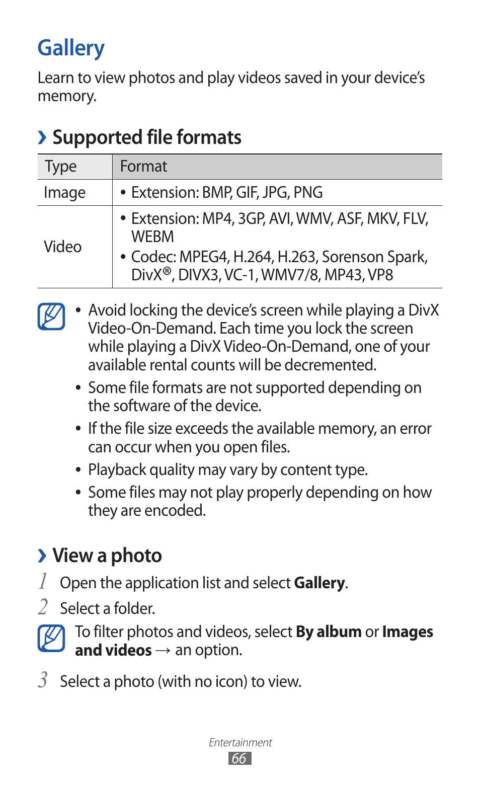 Gallery, Supported file formats, View a photo | Samsung GT-P7300 User Manual | Page 66 / 133