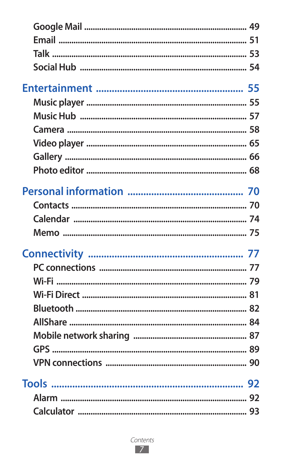 Entertainment, Personal information, Connectivity | Tools | Samsung GT-P7300 User Manual | Page 7 / 133