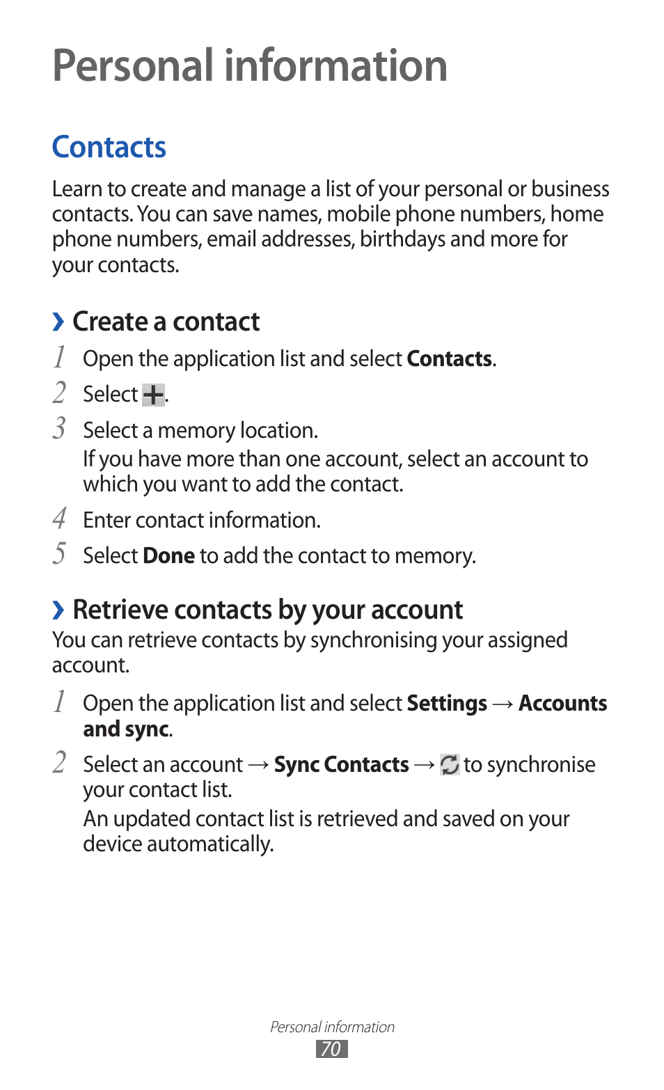 Personal information, Contacts, Create a contact | Retrieve contacts by your account | Samsung GT-P7300 User Manual | Page 70 / 133