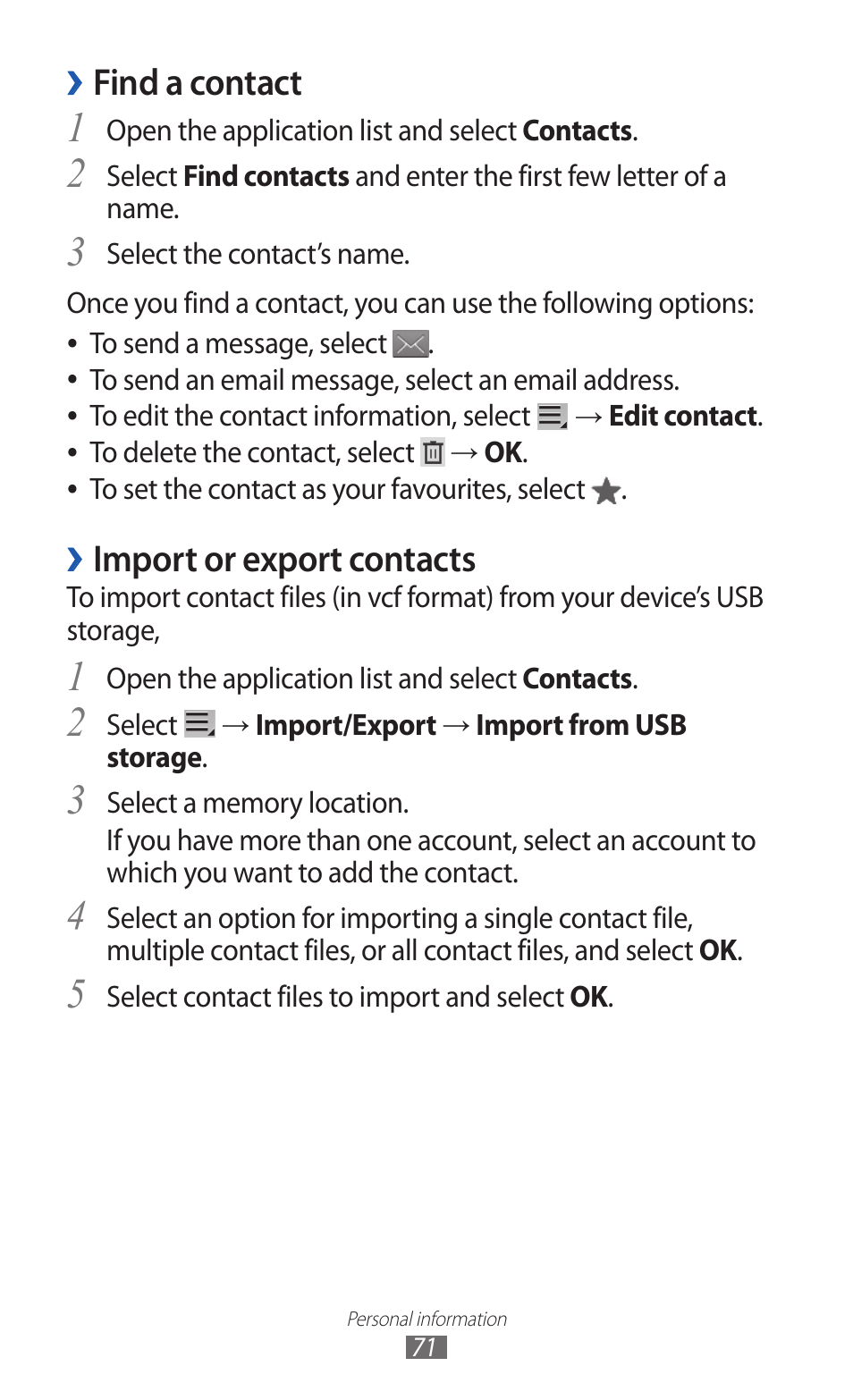 Find a contact, Import or export contacts | Samsung GT-P7300 User Manual | Page 71 / 133