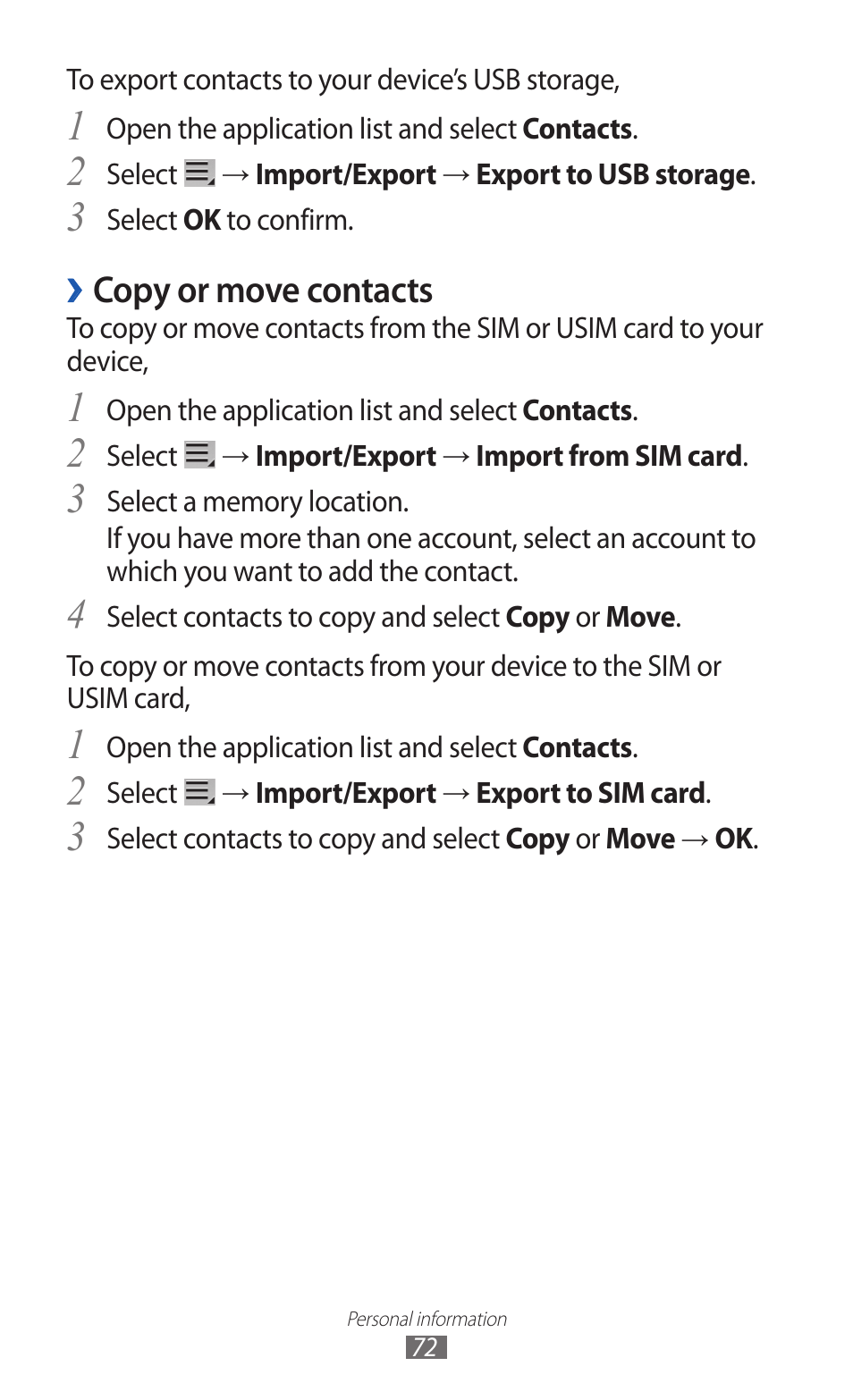 Copy or move contacts | Samsung GT-P7300 User Manual | Page 72 / 133