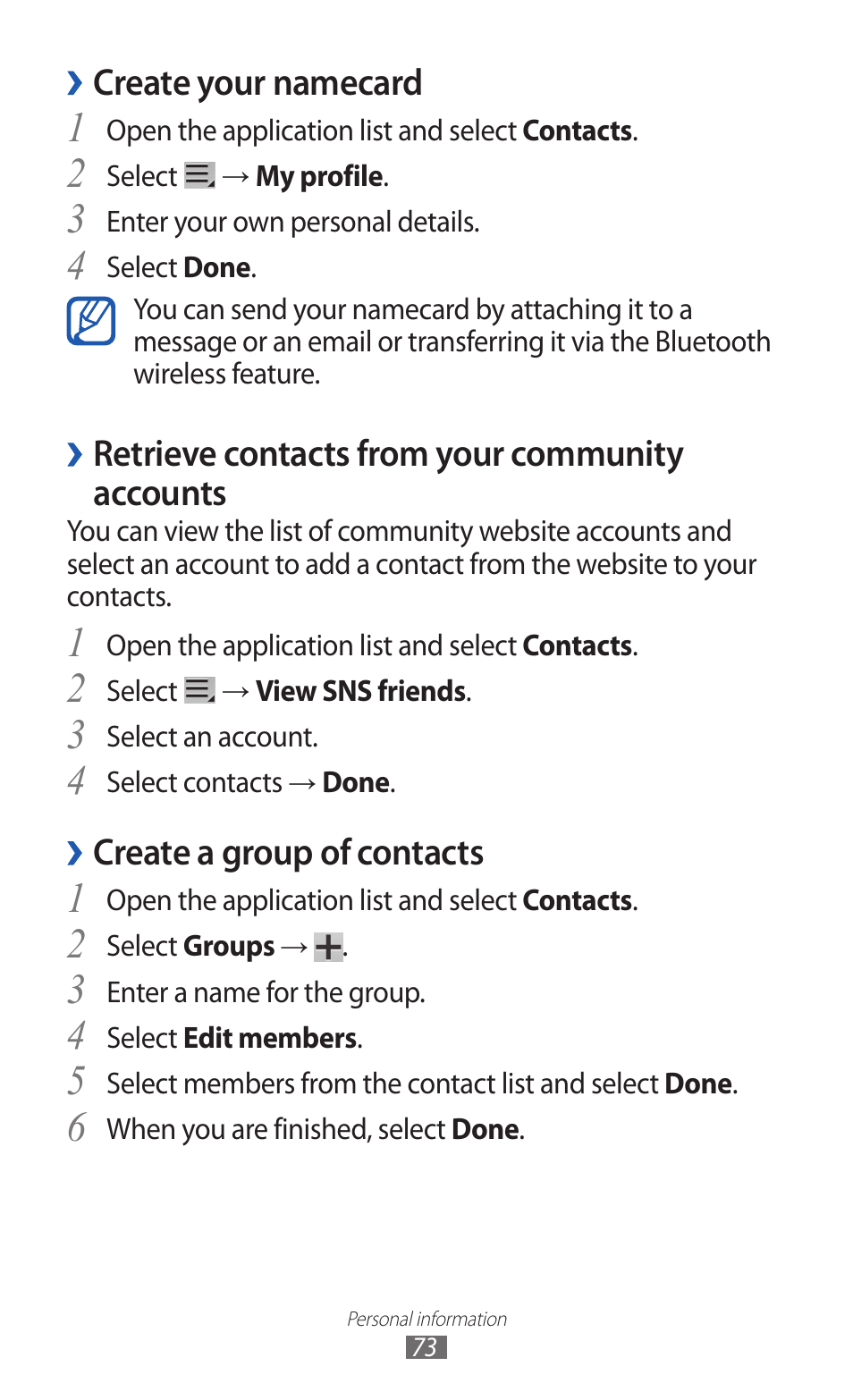Create your namecard, Retrieve contacts from your community, Accounts | Create a group of contacts | Samsung GT-P7300 User Manual | Page 73 / 133