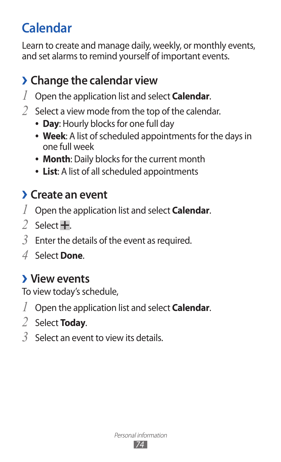 Calendar, Change the calendar view, Create an event | View events | Samsung GT-P7300 User Manual | Page 74 / 133