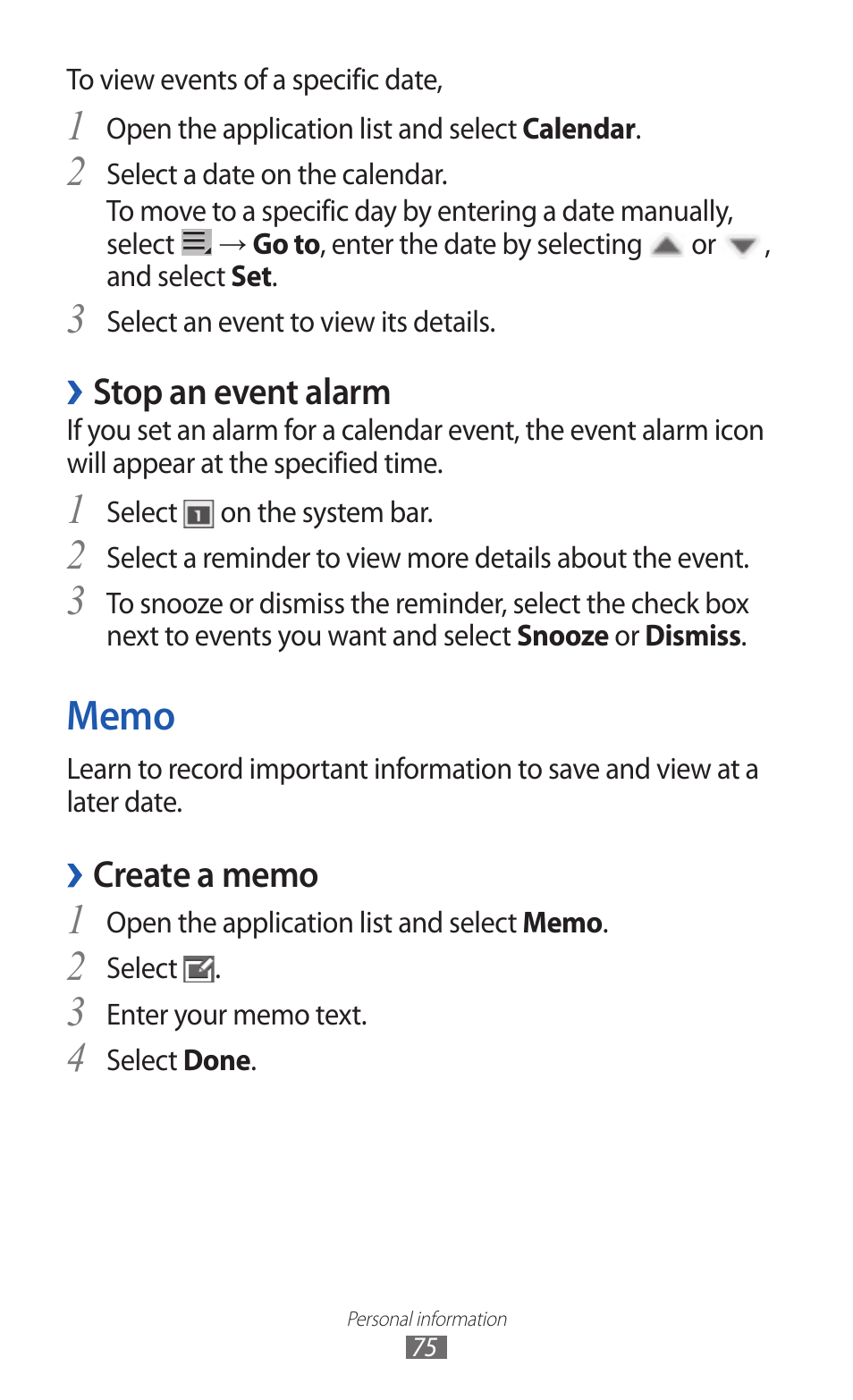Memo, Stop an event alarm | Samsung GT-P7300 User Manual | Page 75 / 133