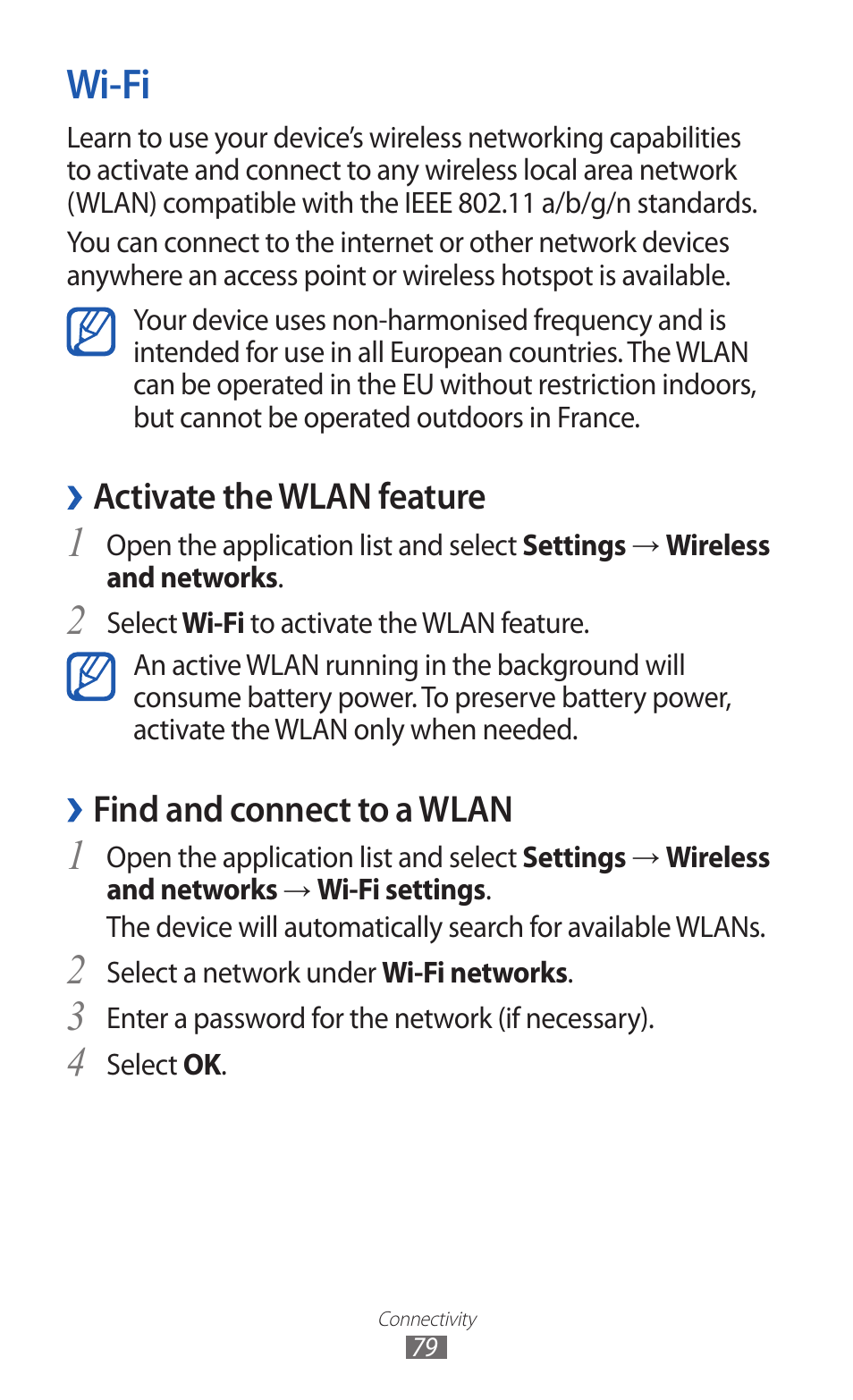 Wi-fi, Activate the wlan feature, Find and connect to a wlan | Samsung GT-P7300 User Manual | Page 79 / 133