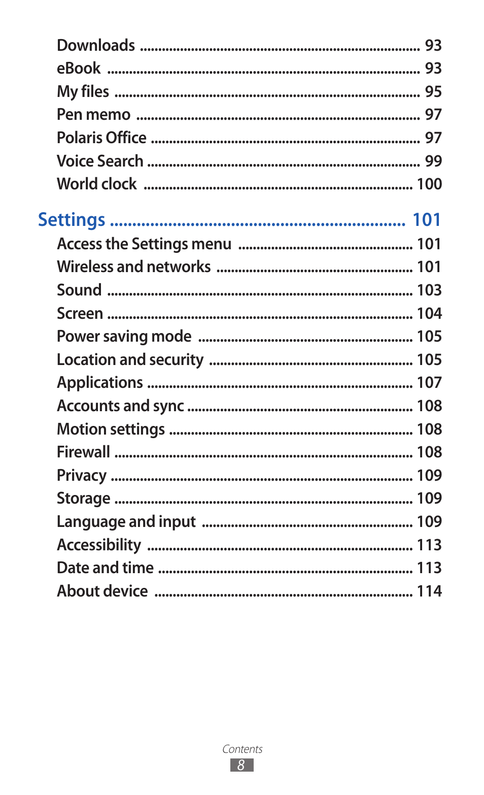 Settings | Samsung GT-P7300 User Manual | Page 8 / 133