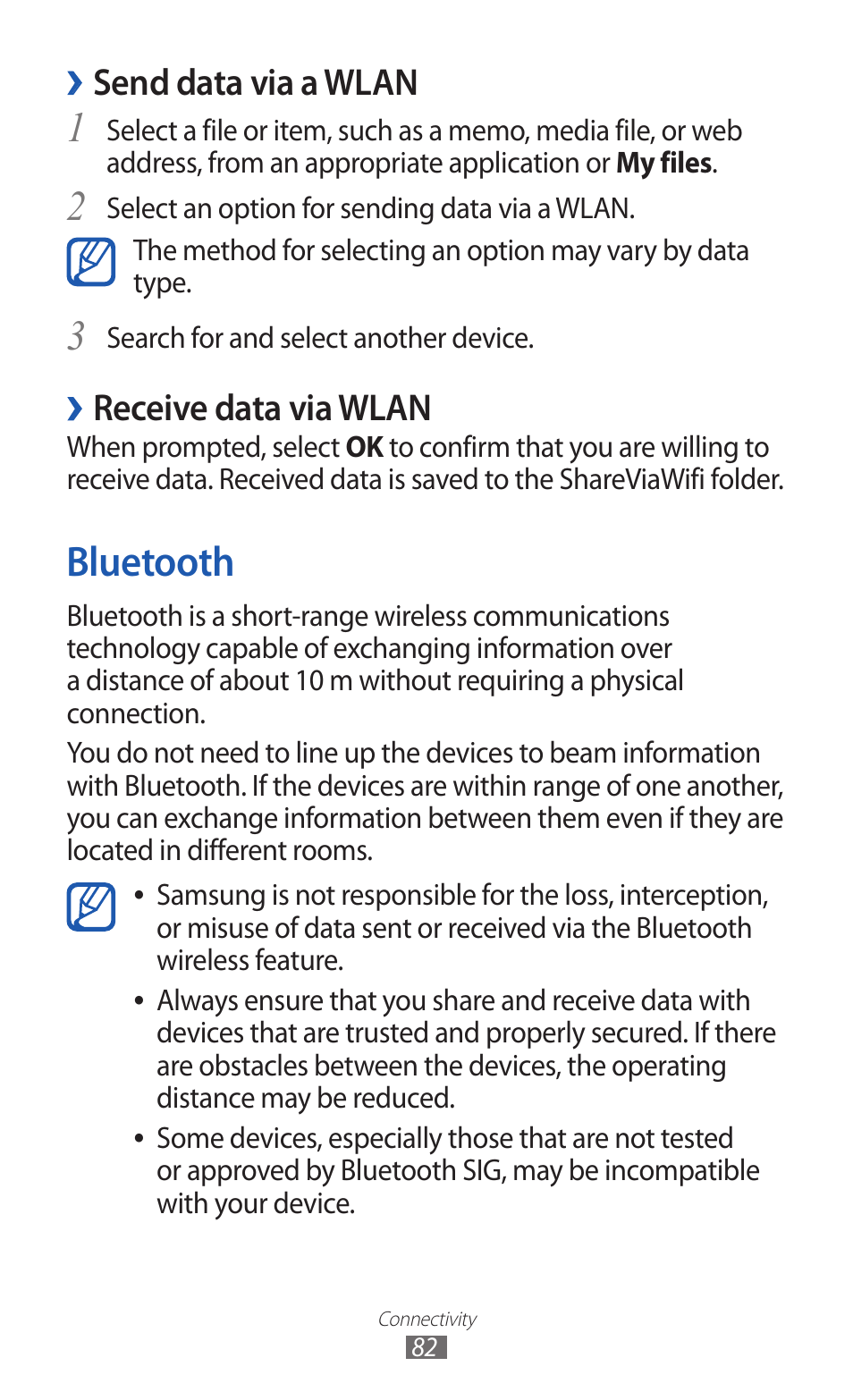 Bluetooth, Send data via a wlan, Receive data via wlan | Samsung GT-P7300 User Manual | Page 82 / 133