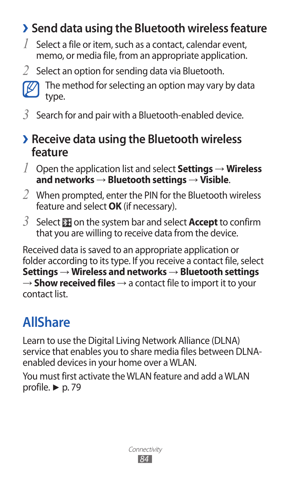 Allshare, Send data using the bluetooth wireless feature, Receive data using the bluetooth wireless feature | Samsung GT-P7300 User Manual | Page 84 / 133
