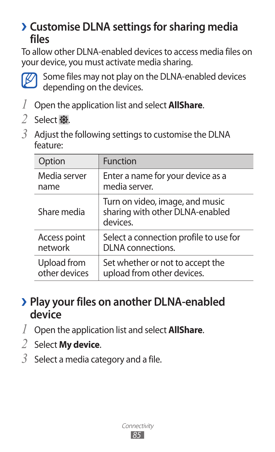 Customise dlna settings for sharing media, Files, Play your files on another dlna-enabled | Device | Samsung GT-P7300 User Manual | Page 85 / 133