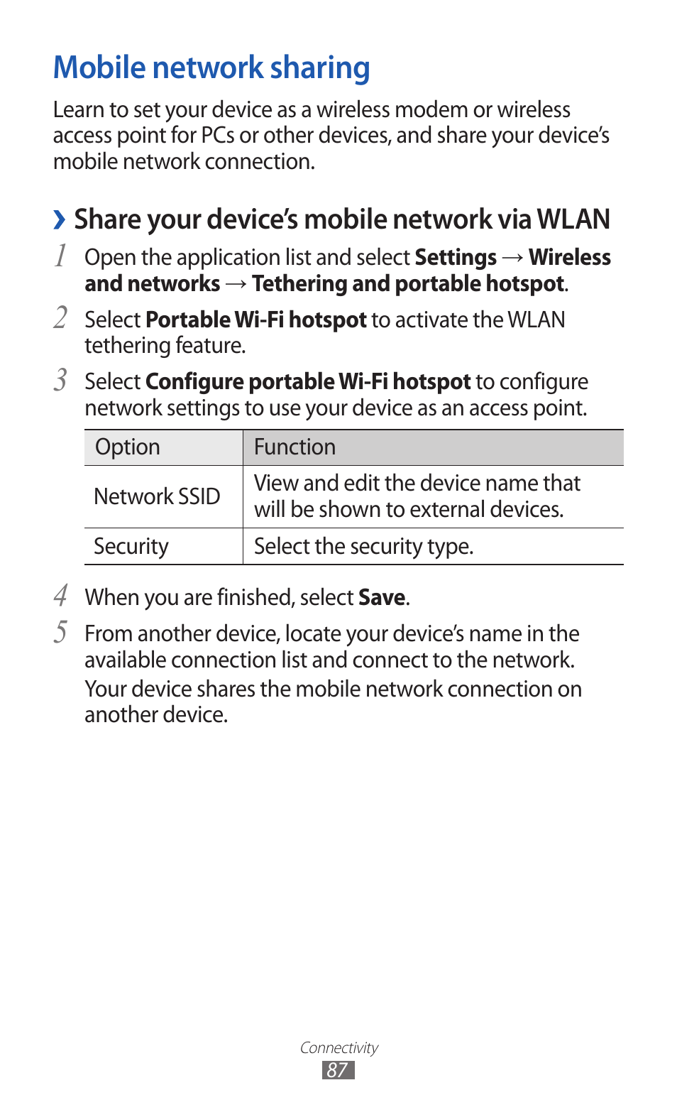 Mobile network sharing, Share your device’s mobile network via wlan | Samsung GT-P7300 User Manual | Page 87 / 133