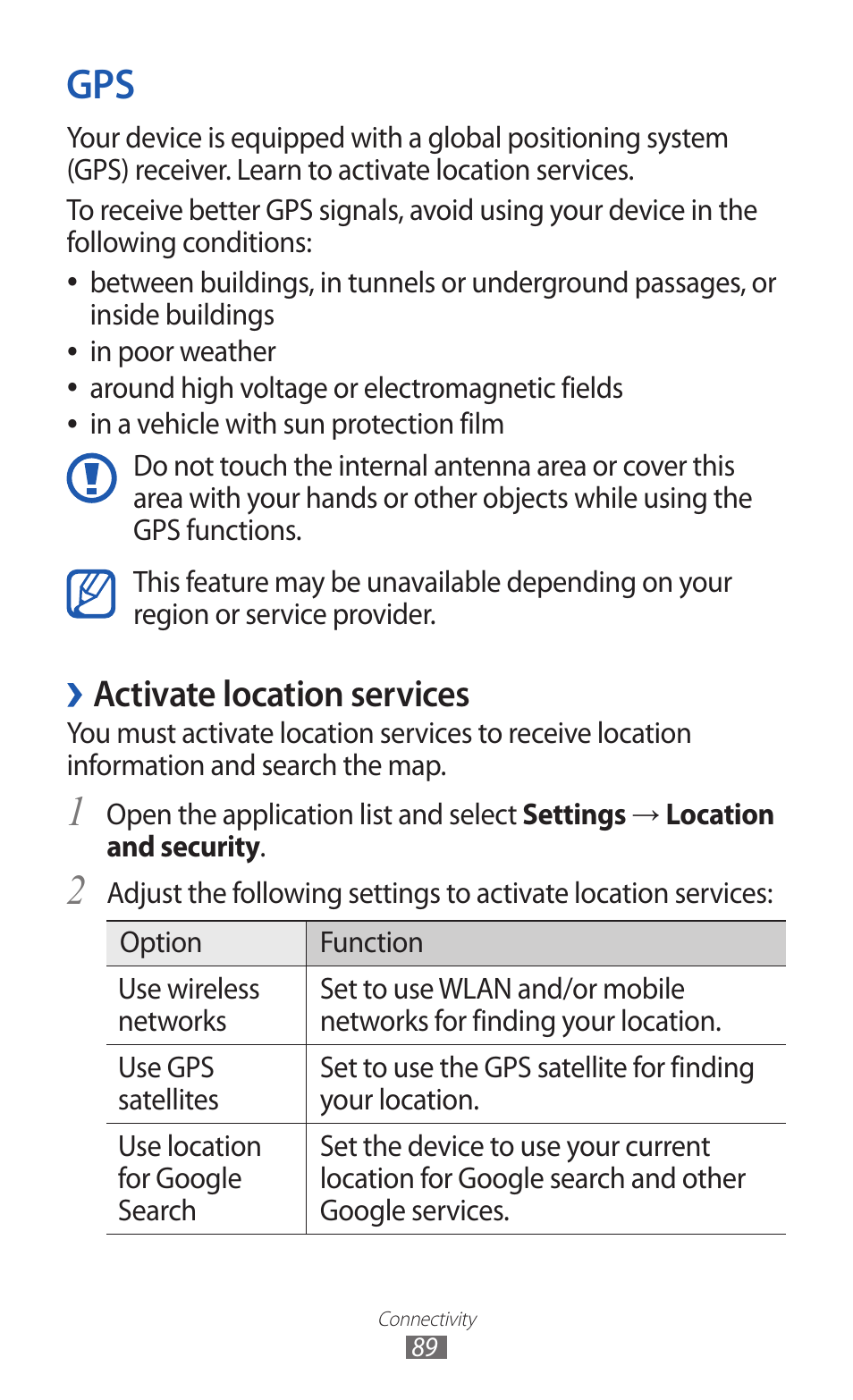 Activate location services | Samsung GT-P7300 User Manual | Page 89 / 133