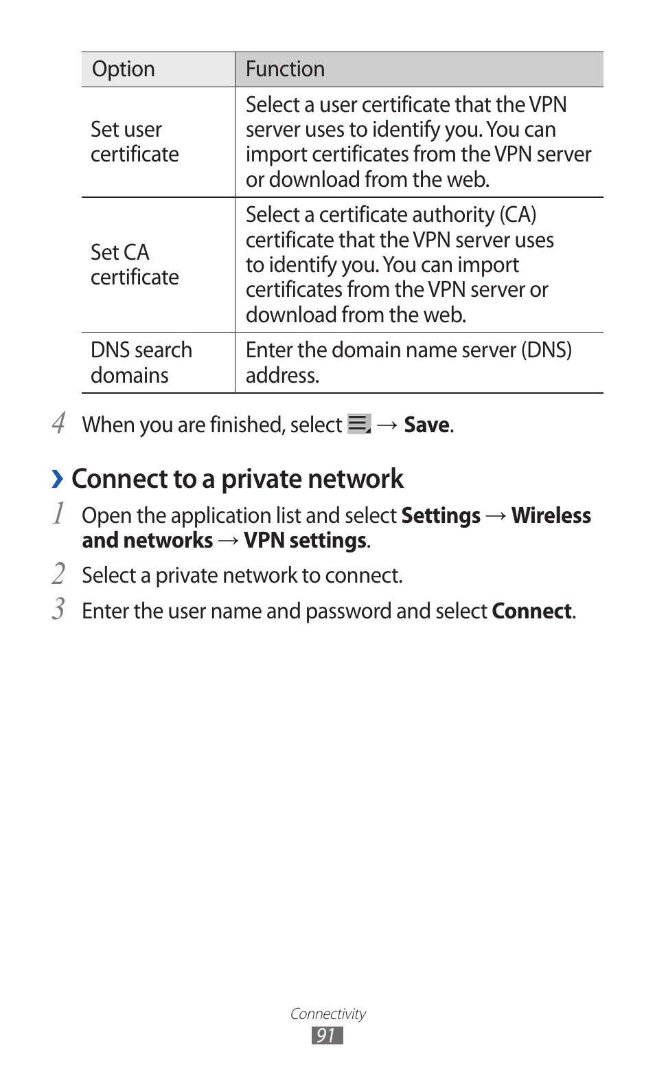 Connect to a private network | Samsung GT-P7300 User Manual | Page 91 / 133