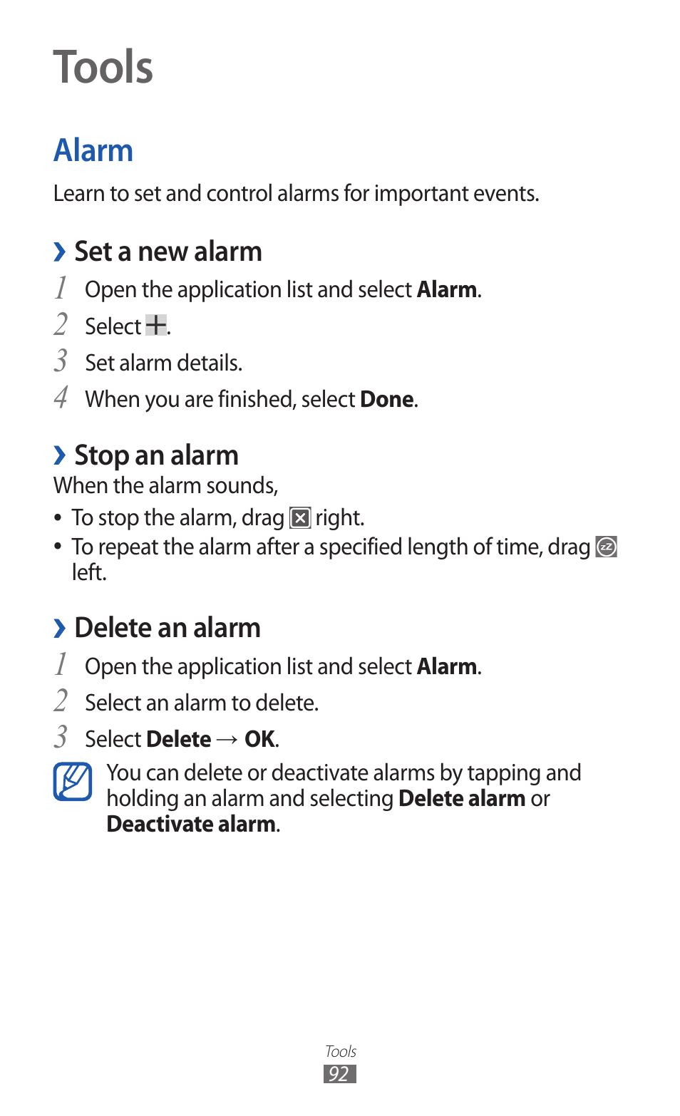 Tools, Alarm, Set a new alarm | Stop an alarm, Delete an alarm | Samsung GT-P7300 User Manual | Page 92 / 133