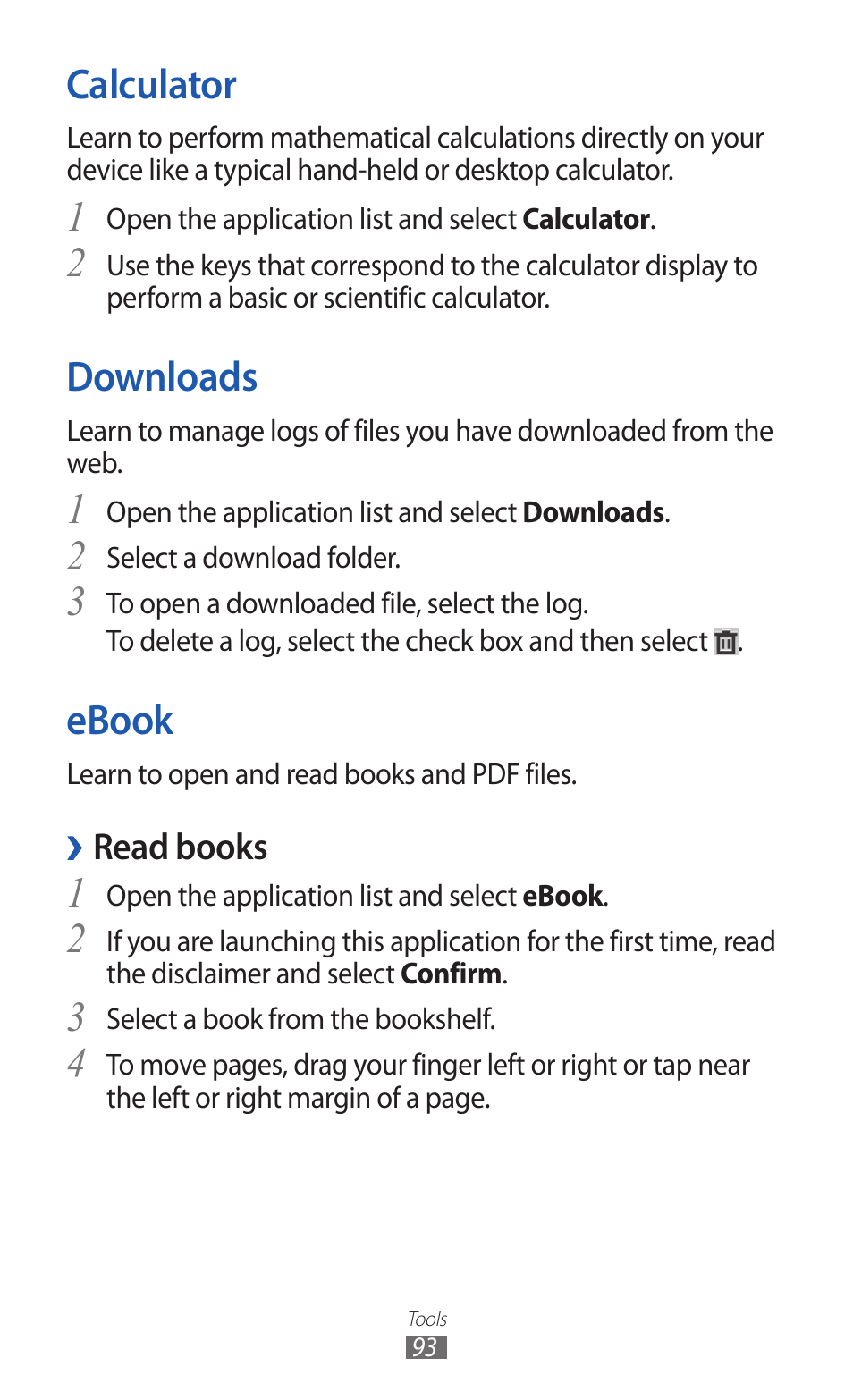Calculator, Downloads, Ebook | Downloads ebook | Samsung GT-P7300 User Manual | Page 93 / 133