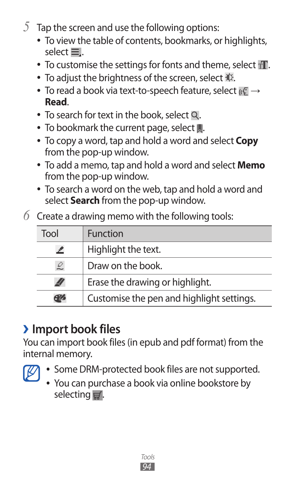 Import book files, Tap the screen and use the following options, Read . to search for text in the book, select | You can purchase a book via online bookstore by, Selecting | Samsung GT-P7300 User Manual | Page 94 / 133