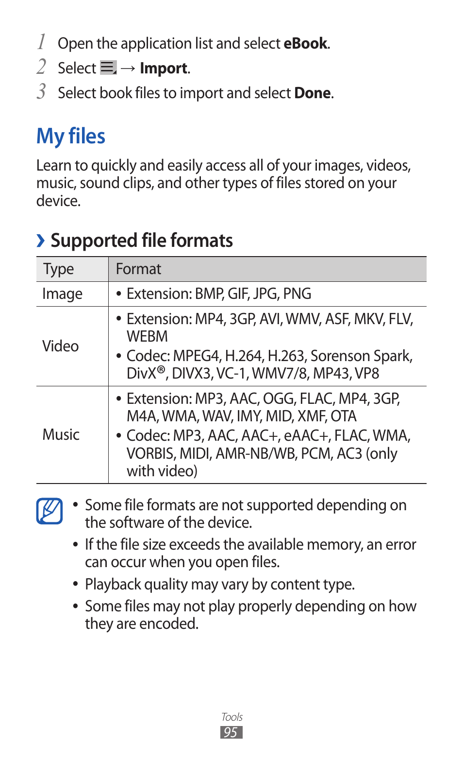 My files, Supported file formats | Samsung GT-P7300 User Manual | Page 95 / 133