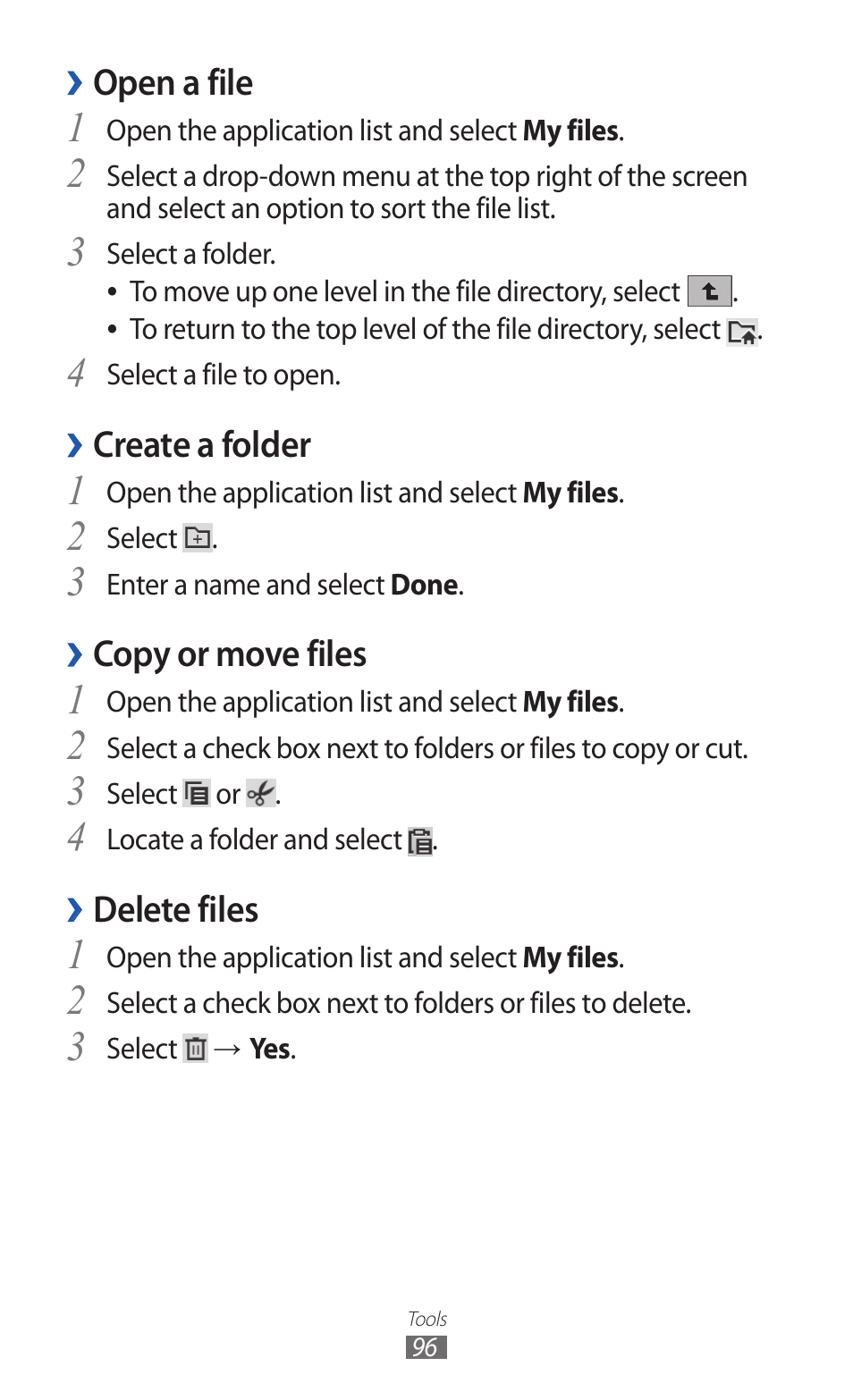 Open a file, Create a folder, Copy or move files | Delete files | Samsung GT-P7300 User Manual | Page 96 / 133