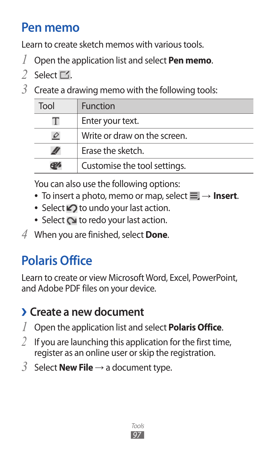 Pen memo, Polaris office, Pen memo polaris office | Create a new document | Samsung GT-P7300 User Manual | Page 97 / 133