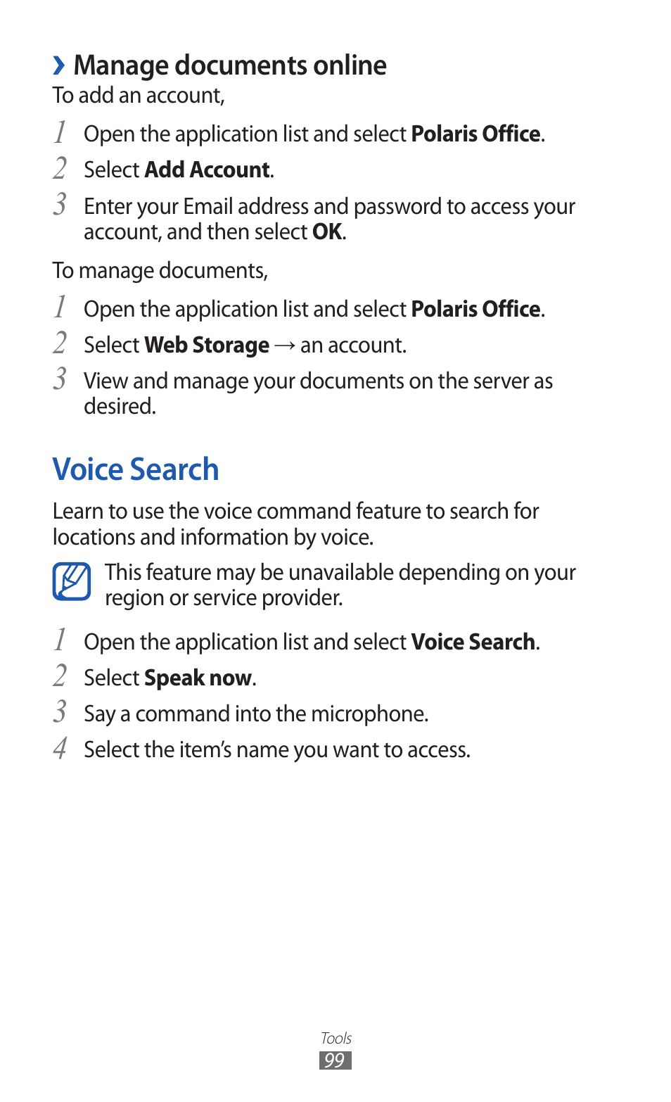 Voice search, Manage documents online | Samsung GT-P7300 User Manual | Page 99 / 133