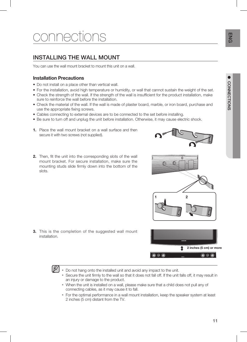 Connections, Installing the wall mount | Samsung HW-C450 User Manual | Page 11 / 21