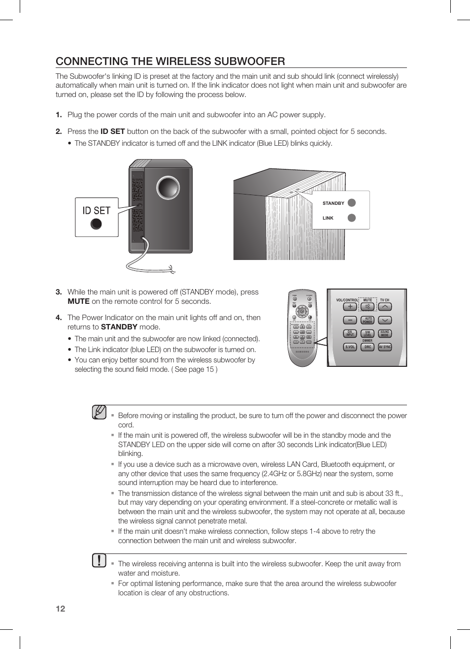 Connecting the wireless subwoofer, Connecting the crystal surround air track | Samsung HW-C450 User Manual | Page 12 / 21