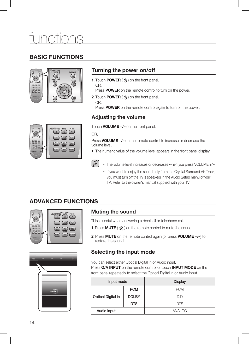 Functions, Basic functions, Turning the power on/off | Adjusting the volume, Advanced functions, Muting the sound, Selecting the input mode, Using the sound field mode, Using the auto power link function, Using the tv functions | Samsung HW-C450 User Manual | Page 14 / 21