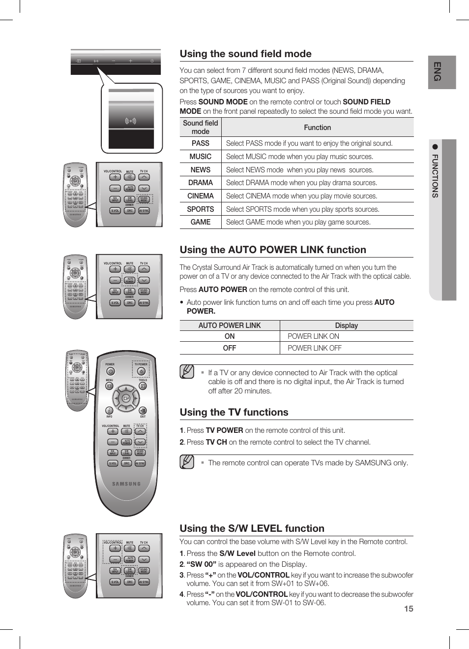 Using the sound field mode, Using the auto power link function, Using the tv functions | Using the s/w level function, Fu nc t io n s | Samsung HW-C450 User Manual | Page 15 / 21