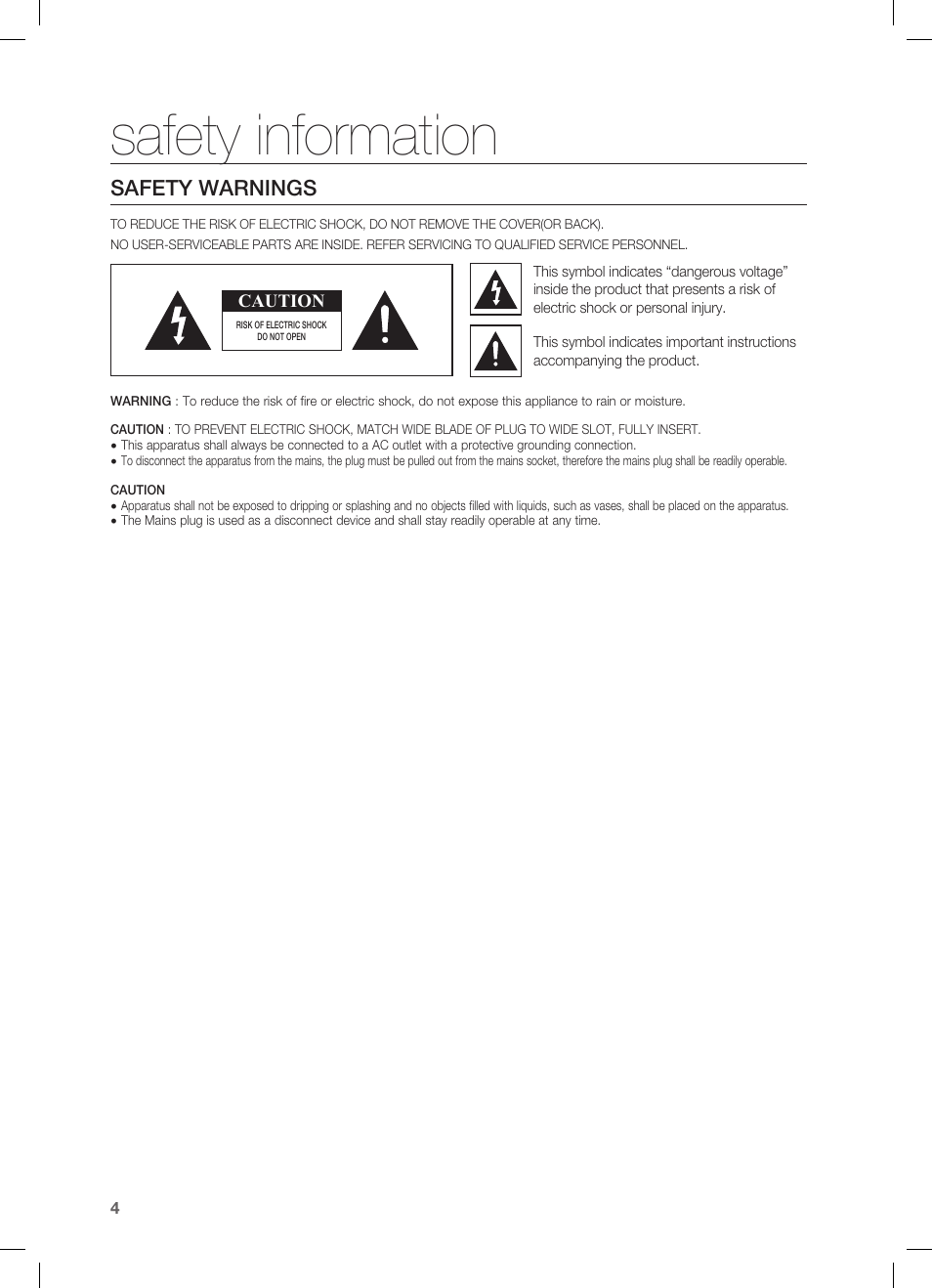 Safety information, Safety warnings | Samsung HW-C450 User Manual | Page 4 / 21