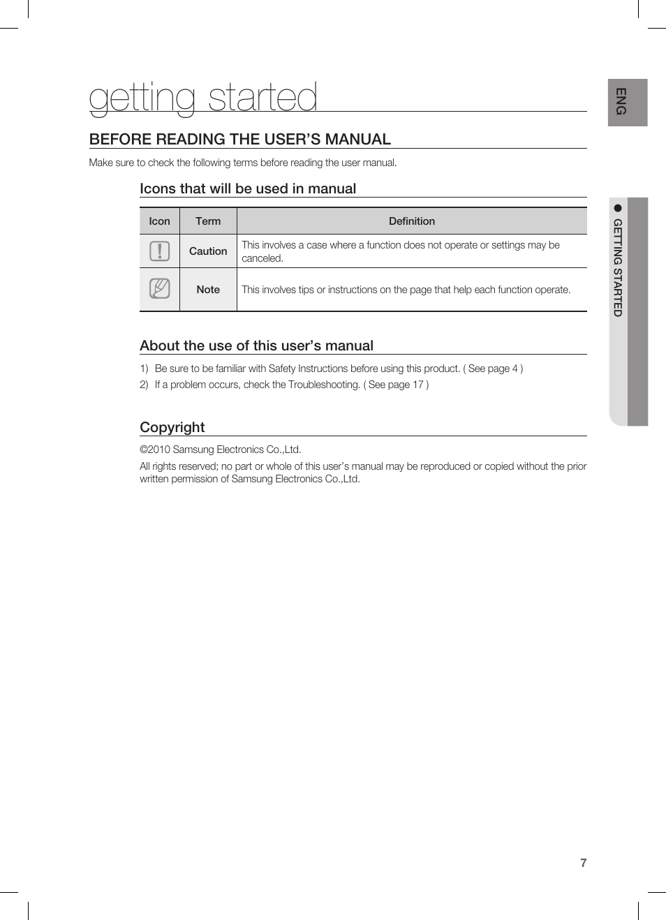 Getting started, Before reading the user’s manual | Samsung HW-C450 User Manual | Page 7 / 21