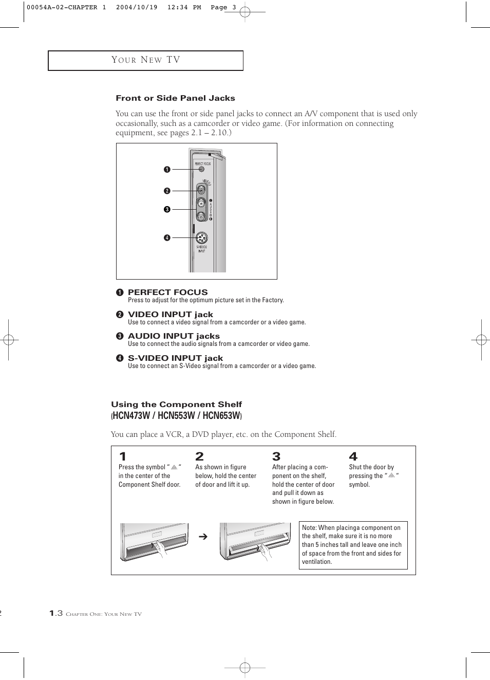 Front/side panel jacks, Using the component shelf | Samsung HCN553W User Manual | Page 10 / 71