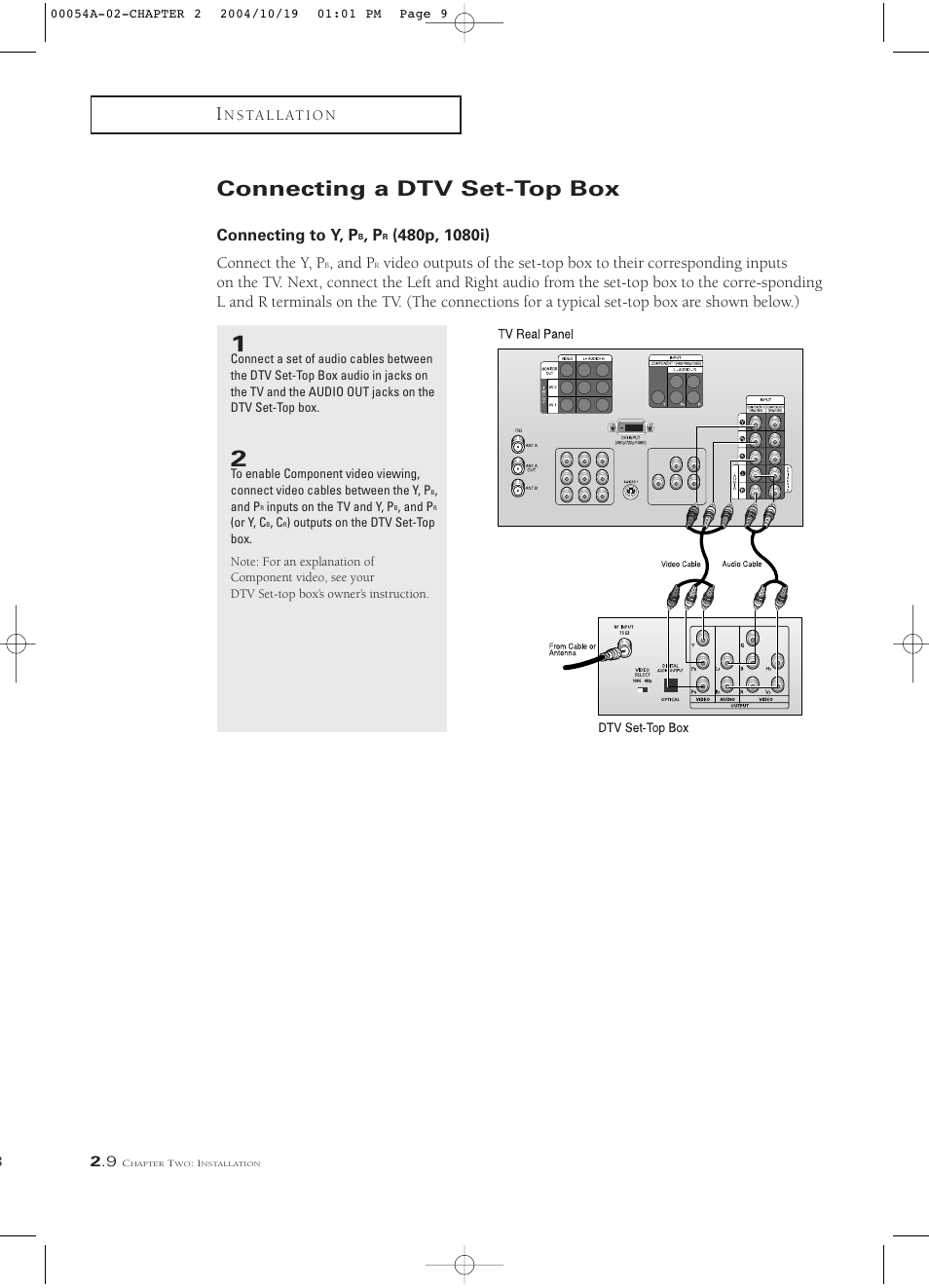 Connecting a dtv set-top box, Connecting to y, pb, pr (480p, 1080i), Connecting to y, p | And p | Samsung HCN553W User Manual | Page 22 / 71