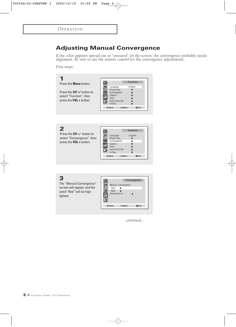 Adjusting manual convergence, Continued | Samsung HCN553W User Manual | Page 28 / 71