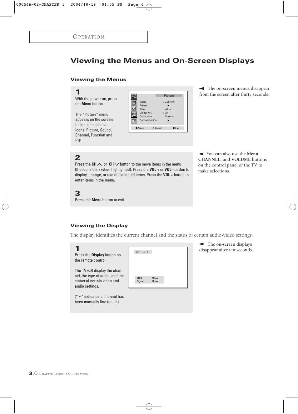 Viewing the menus and on-screen displays, Viewing the menus, Viewing the display | Samsung HCN553W User Manual | Page 30 / 71